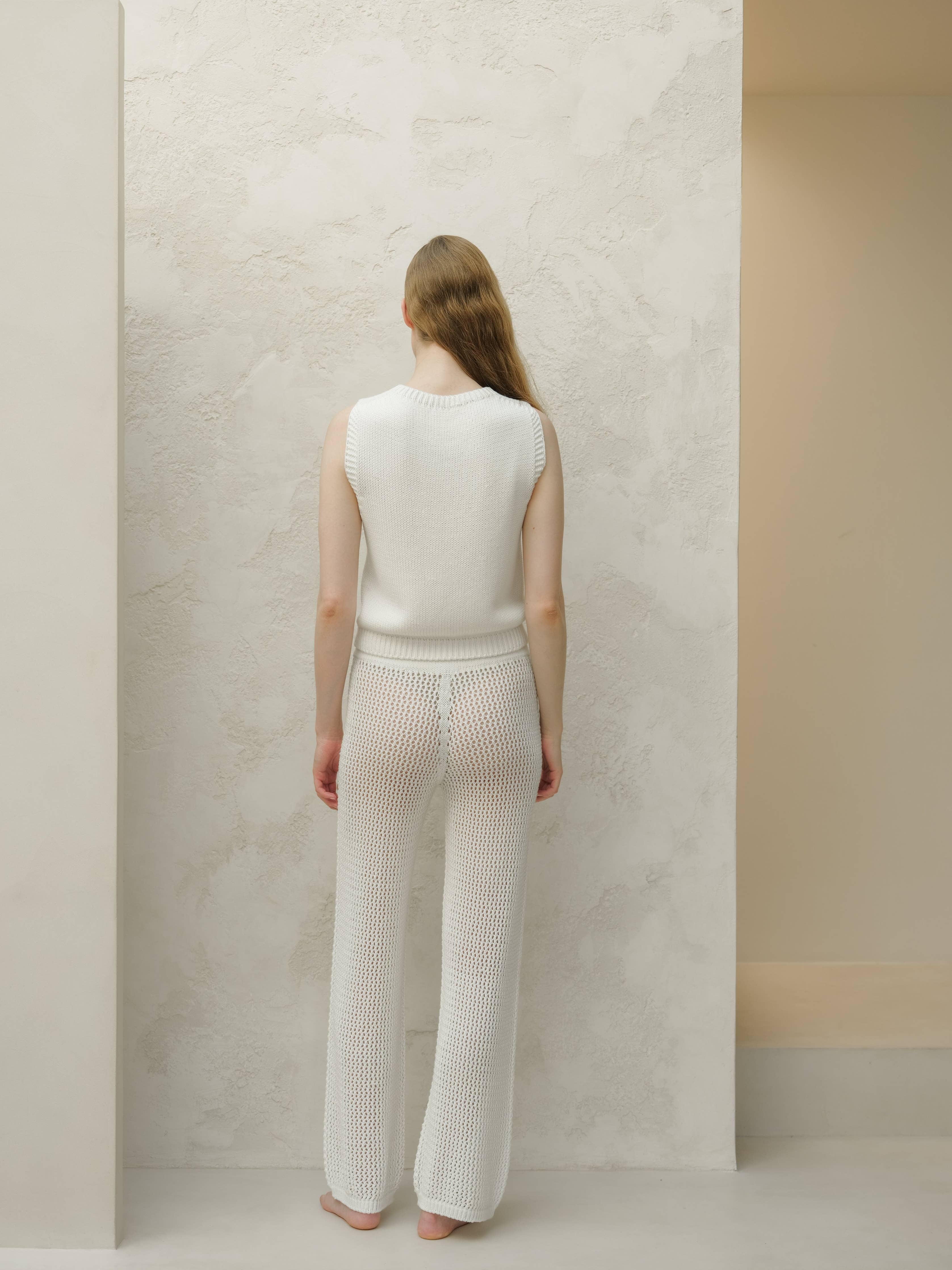 Fine Cotton Cable Tank Top (3D-Knit): White