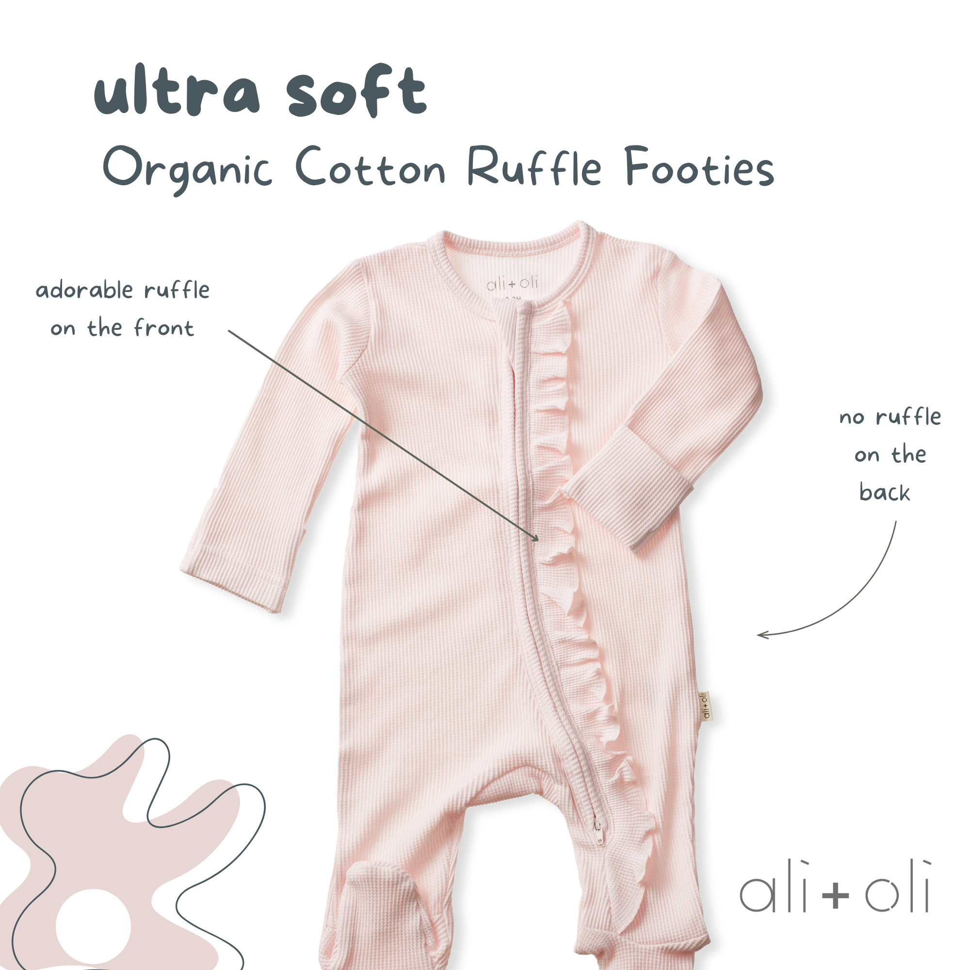 Baby Ruffle Footie 2-Way Zipper – Organic Cotton Waffle Knit: 3-6M