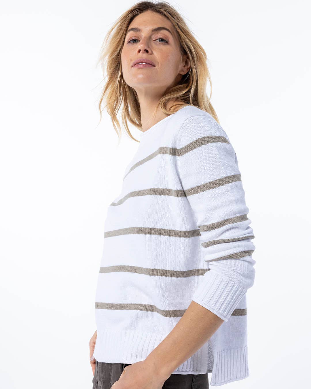 Everyday Cotton Crew - White & Mushroom