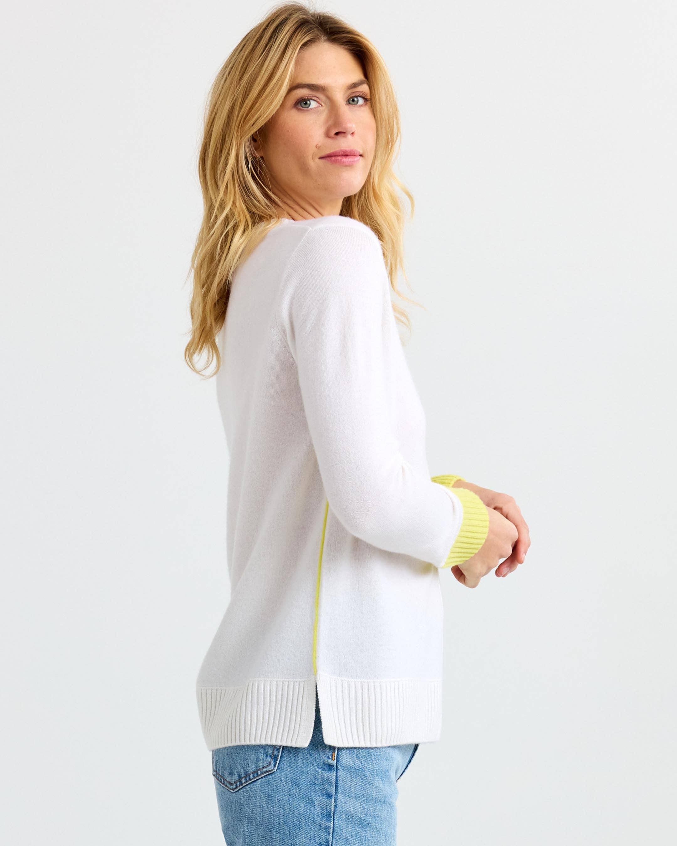 Cashmere Contrast Crew - Ivory-Citron