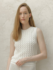 Fine Cotton Cable Tank Top (3D-Knit): White